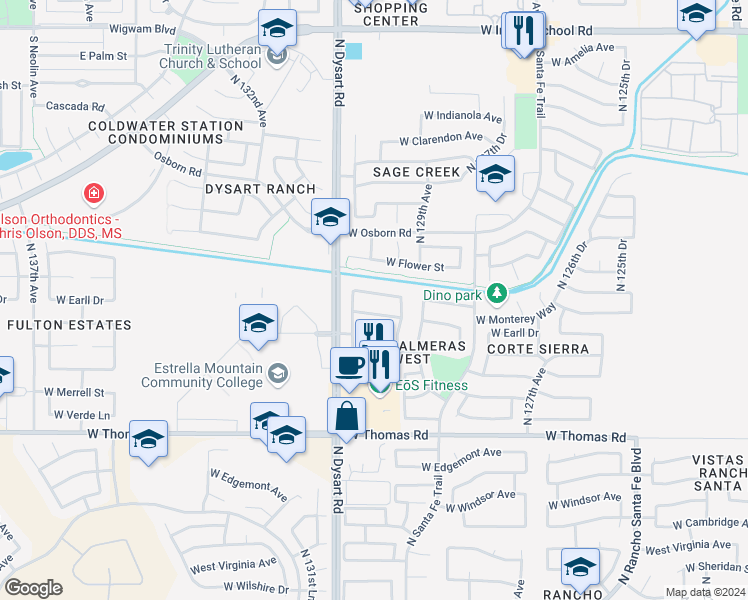 map of restaurants, bars, coffee shops, grocery stores, and more near 13039 West Monterey Way in Avondale