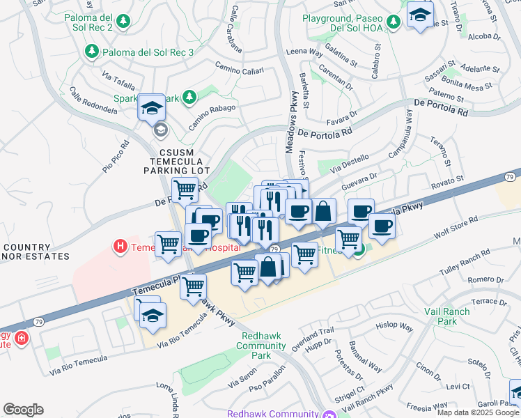 map of restaurants, bars, coffee shops, grocery stores, and more near 31961 Campanula Way in Temecula