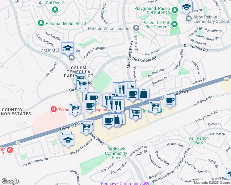 map of restaurants, bars, coffee shops, grocery stores, and more near 31981 Campanula Way in Temecula