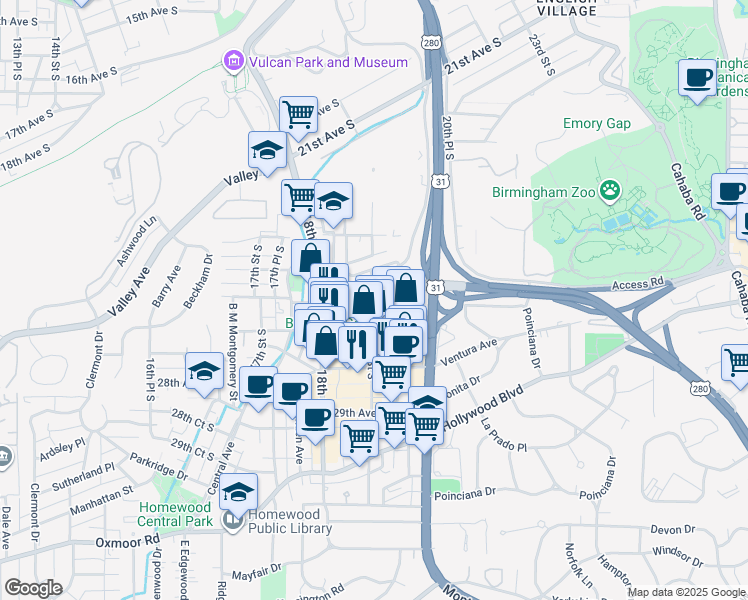 map of restaurants, bars, coffee shops, grocery stores, and more near 2621 19th Street South in Birmingham