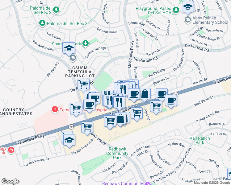 map of restaurants, bars, coffee shops, grocery stores, and more near 32021 Campanula Way in Temecula