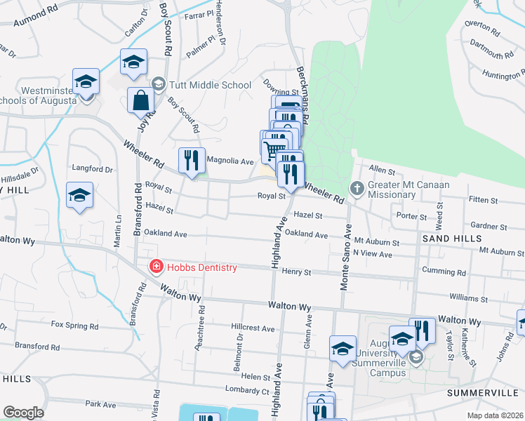 map of restaurants, bars, coffee shops, grocery stores, and more near 2706 Hazel Street in Augusta
