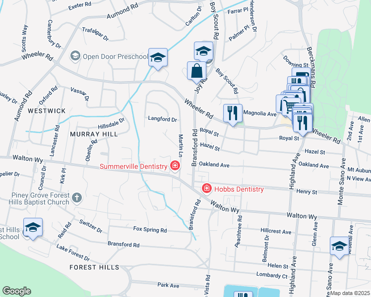 map of restaurants, bars, coffee shops, grocery stores, and more near 524 Martin Lane in Augusta