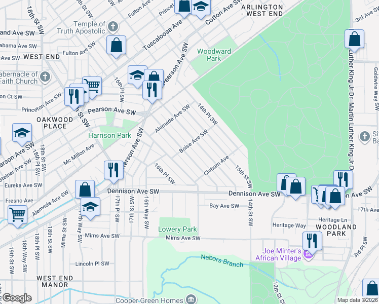 map of restaurants, bars, coffee shops, grocery stores, and more near 1209 15th Way Southwest in Birmingham