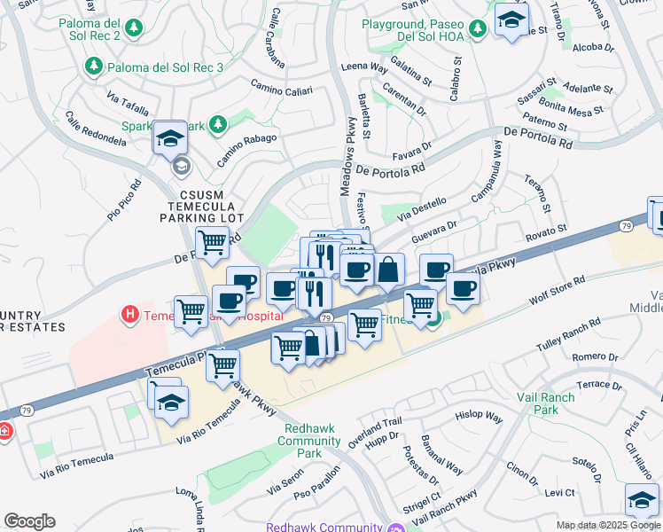 map of restaurants, bars, coffee shops, grocery stores, and more near 32180 Temecula Parkway in Temecula