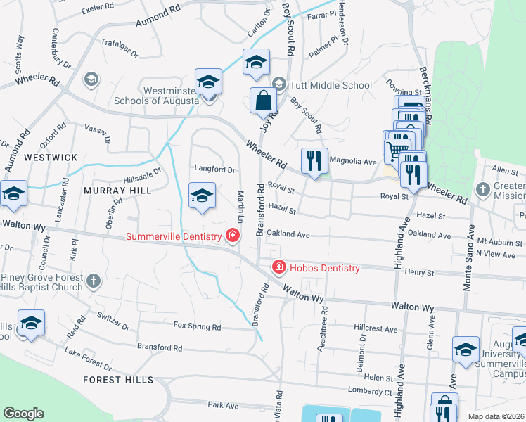 map of restaurants, bars, coffee shops, grocery stores, and more near 708 Bransford Road in Augusta