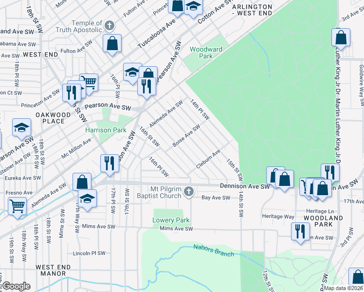map of restaurants, bars, coffee shops, grocery stores, and more near 1228 15th Way Southwest in Birmingham