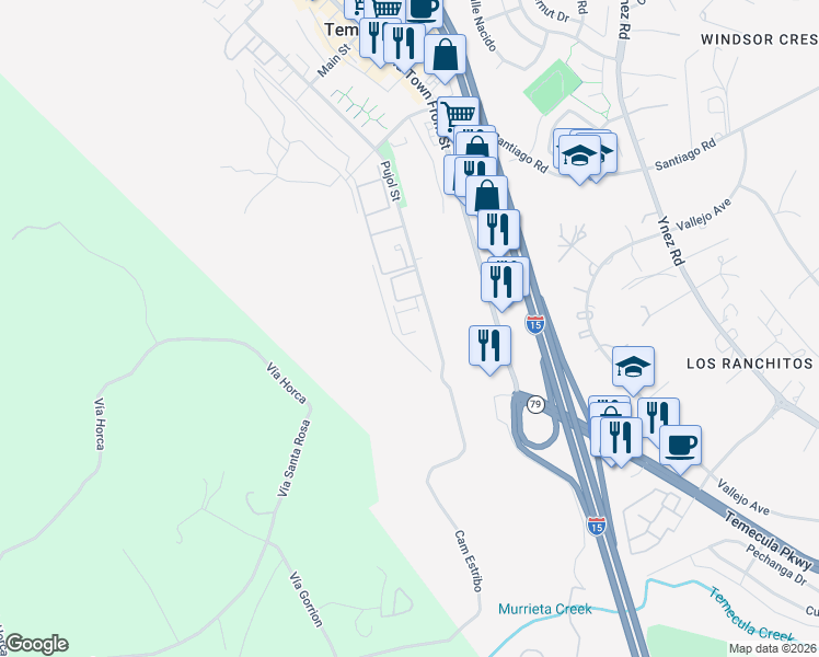 map of restaurants, bars, coffee shops, grocery stores, and more near 29595 Pujol Street in Temecula