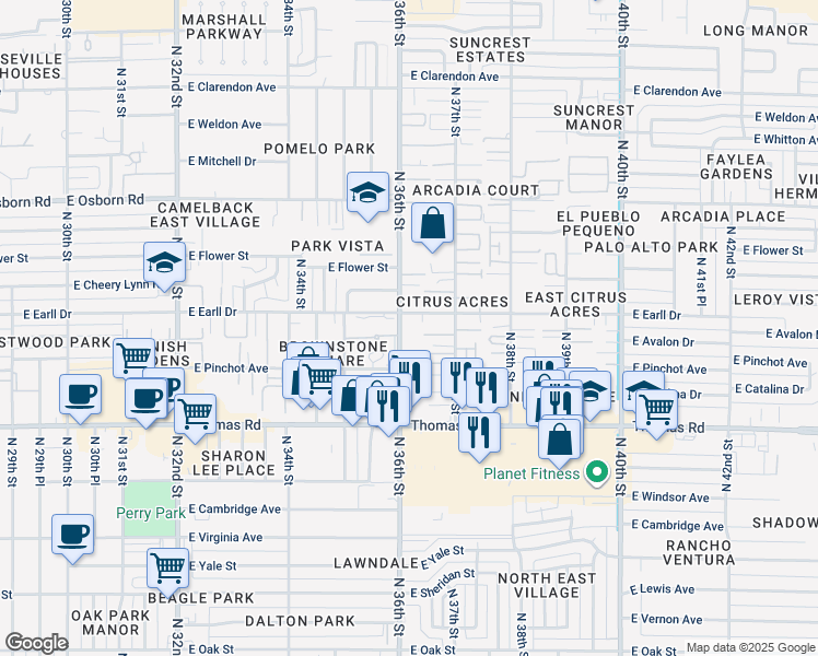 map of restaurants, bars, coffee shops, grocery stores, and more near 3031 North 36th Street in Phoenix