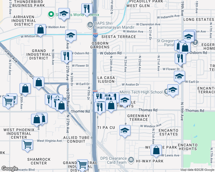 map of restaurants, bars, coffee shops, grocery stores, and more near 3020 North 24th Drive in Phoenix