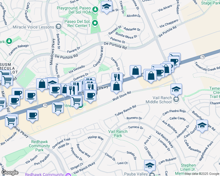 map of restaurants, bars, coffee shops, grocery stores, and more near 32655 California 79 in Temecula