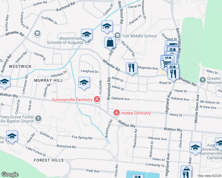 map of restaurants, bars, coffee shops, grocery stores, and more near 708 Bransford Road in Augusta