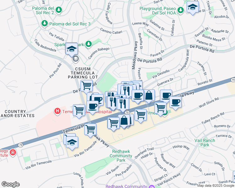 map of restaurants, bars, coffee shops, grocery stores, and more near 31991 Campanula Way in Temecula