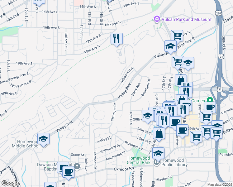 map of restaurants, bars, coffee shops, grocery stores, and more near 1621 Valley Avenue in Homewood