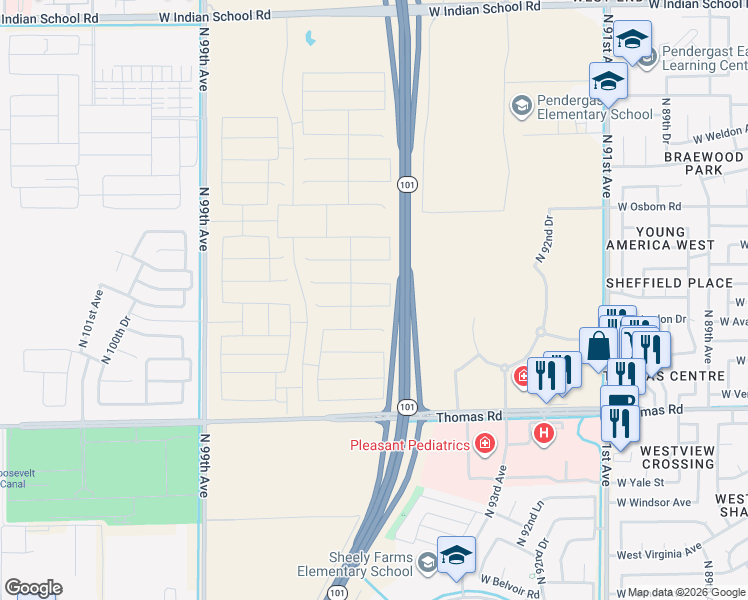 map of restaurants, bars, coffee shops, grocery stores, and more near West Thomas Road in Phoenix