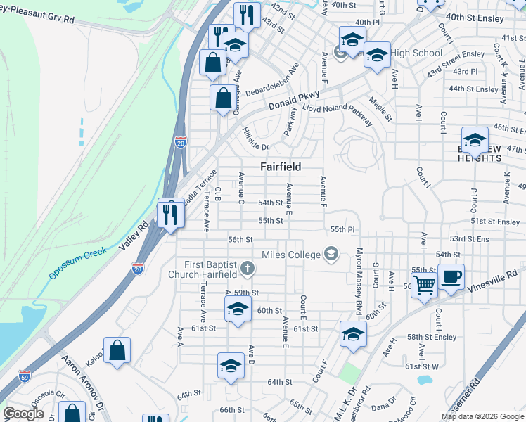 map of restaurants, bars, coffee shops, grocery stores, and more near 5410 Avenue D in Fairfield