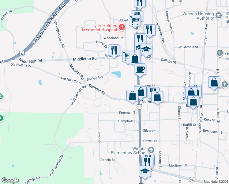 map of restaurants, bars, coffee shops, grocery stores, and more near 664 Summit Street in Winona