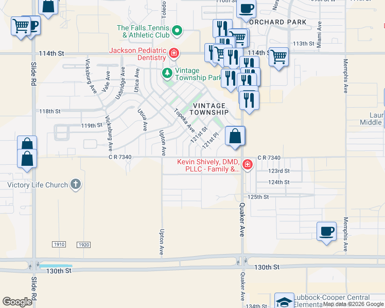 map of restaurants, bars, coffee shops, grocery stores, and more near 5523 121st Street in Lubbock