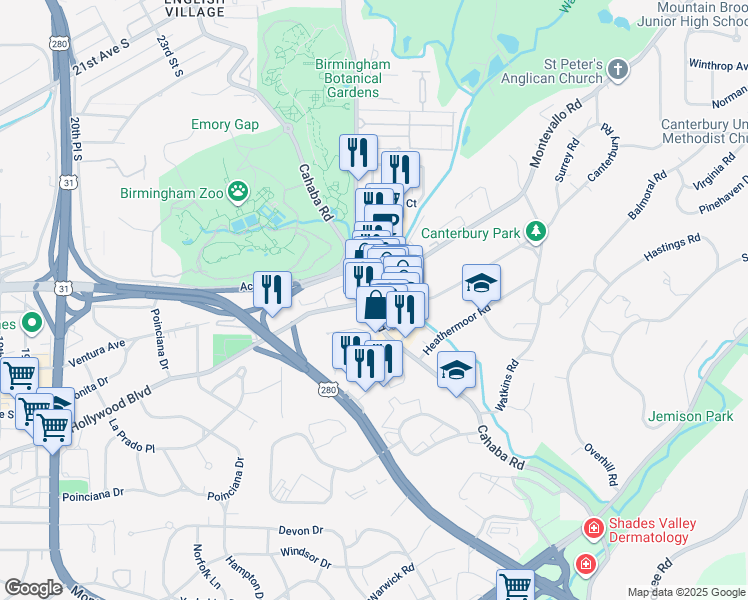 map of restaurants, bars, coffee shops, grocery stores, and more near 2803 Cahaba Road in Mountain Brook