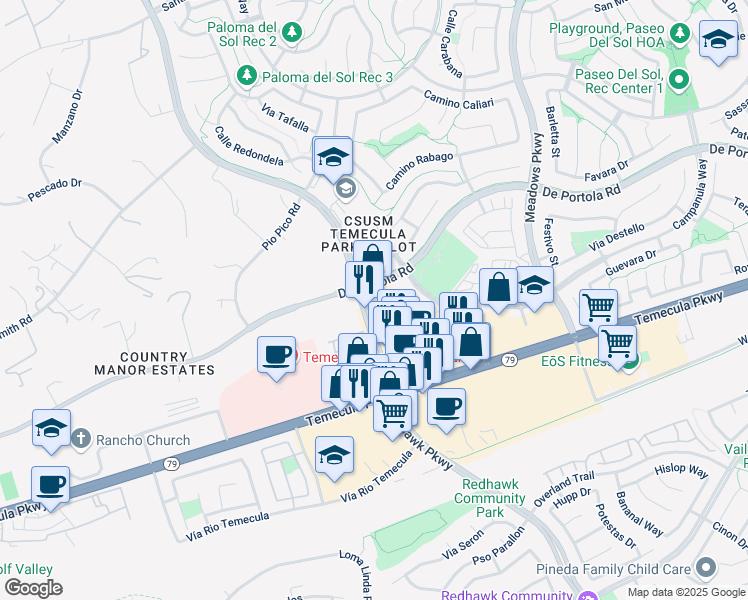 map of restaurants, bars, coffee shops, grocery stores, and more near 44066 Margarita Road in Temecula