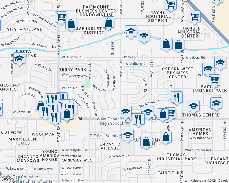 map of restaurants, bars, coffee shops, grocery stores, and more near 3022 North 39th Drive in Phoenix