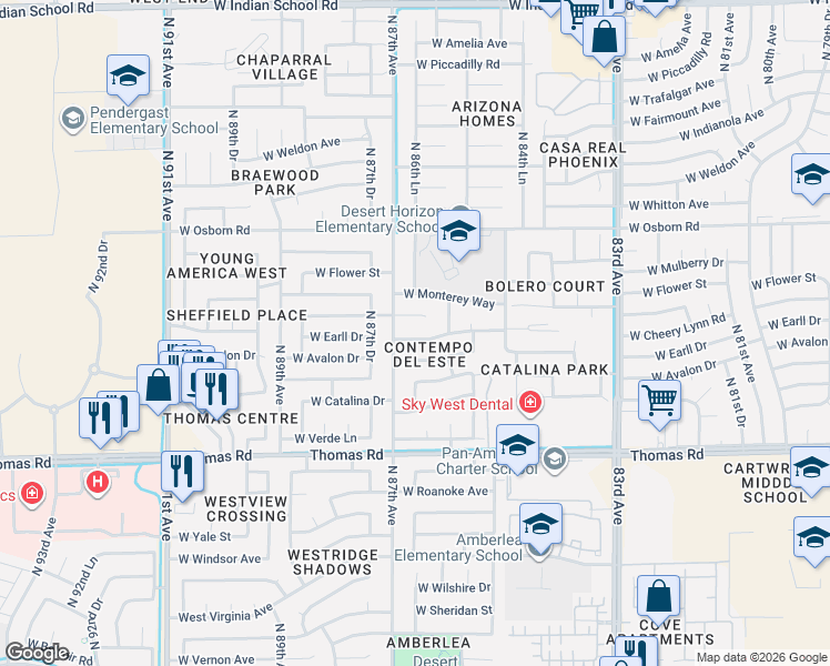 map of restaurants, bars, coffee shops, grocery stores, and more near 8634 West Avalon Drive in Phoenix