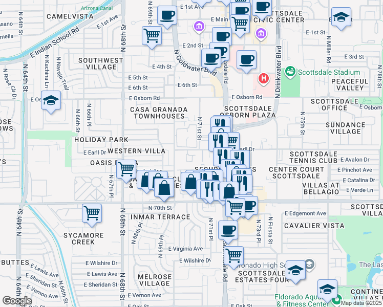 map of restaurants, bars, coffee shops, grocery stores, and more near 3027 North 70th Street in Scottsdale