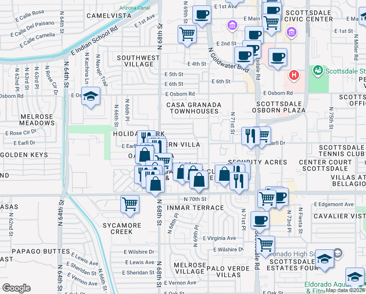 map of restaurants, bars, coffee shops, grocery stores, and more near 6839 East Avalon Drive in Scottsdale