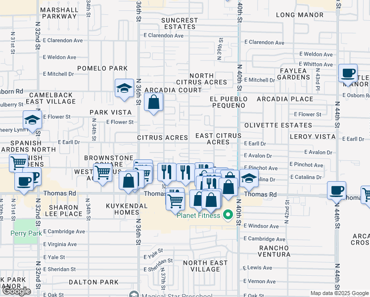 map of restaurants, bars, coffee shops, grocery stores, and more near 3022 North 38th Street in Phoenix