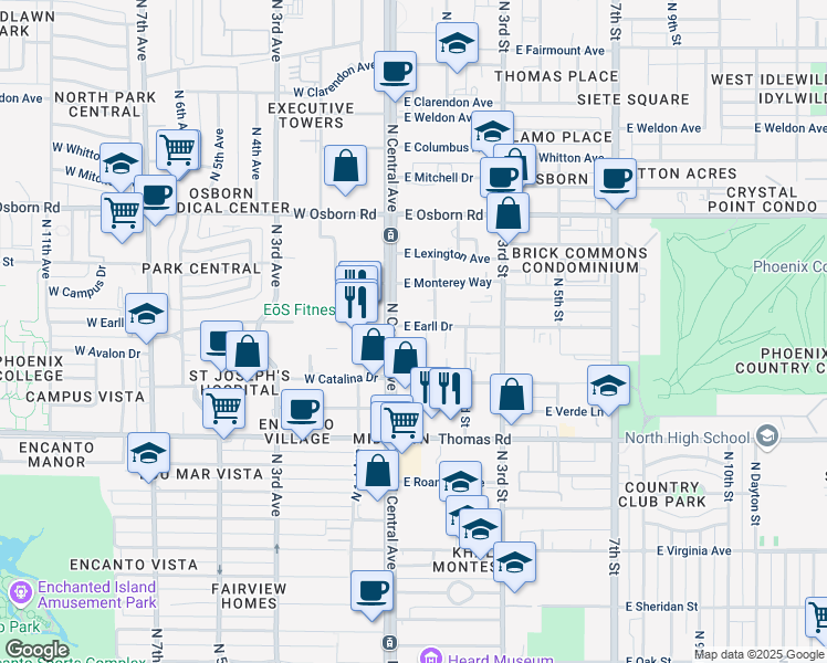 map of restaurants, bars, coffee shops, grocery stores, and more near 3033 North Central Avenue in Phoenix