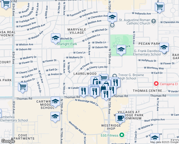map of restaurants, bars, coffee shops, grocery stores, and more near 7630 West Avalon Drive in Phoenix
