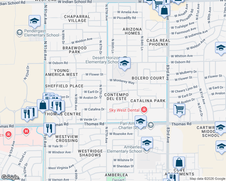 map of restaurants, bars, coffee shops, grocery stores, and more near 8634 West Avalon Drive in Phoenix