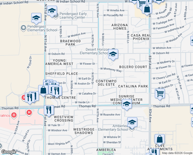 map of restaurants, bars, coffee shops, grocery stores, and more near 8668 West Avalon Drive in Phoenix