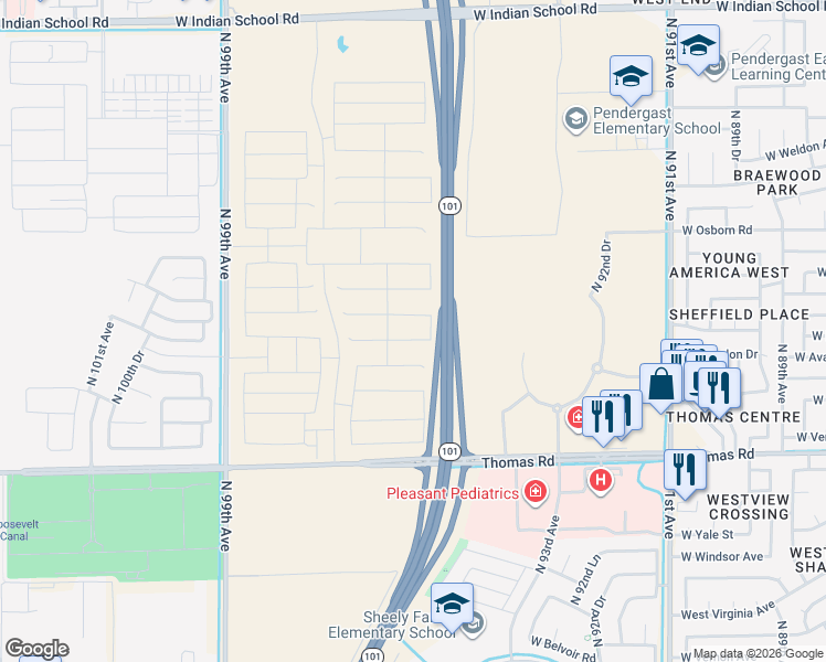 map of restaurants, bars, coffee shops, grocery stores, and more near West Thomas Road in Phoenix