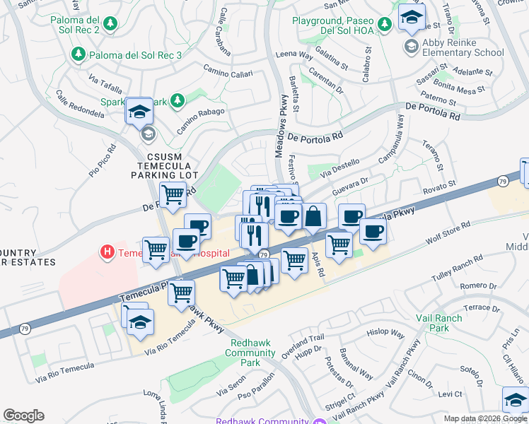 map of restaurants, bars, coffee shops, grocery stores, and more near 32180 Temecula Parkway in Temecula