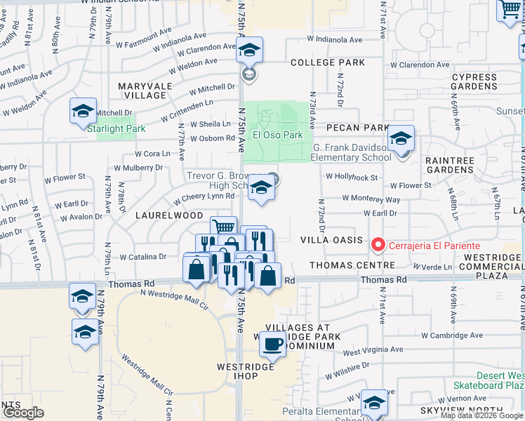 map of restaurants, bars, coffee shops, grocery stores, and more near 7402 West Catalina Drive in Phoenix