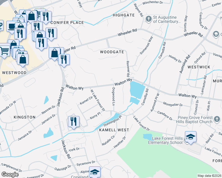 map of restaurants, bars, coffee shops, grocery stores, and more near 813 Dogwood Lane in Augusta