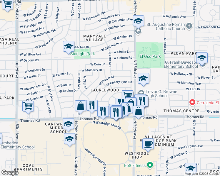 map of restaurants, bars, coffee shops, grocery stores, and more near 7630 West Avalon Drive in Phoenix