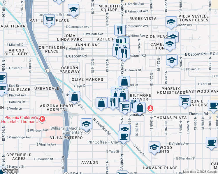 map of restaurants, bars, coffee shops, grocery stores, and more near 2302 East Curnow Drive in Phoenix