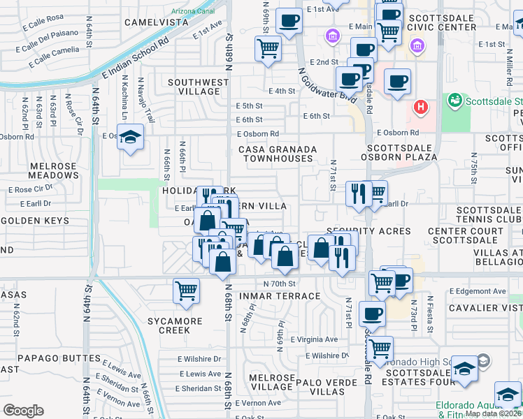map of restaurants, bars, coffee shops, grocery stores, and more near 6839 East Avalon Drive in Scottsdale