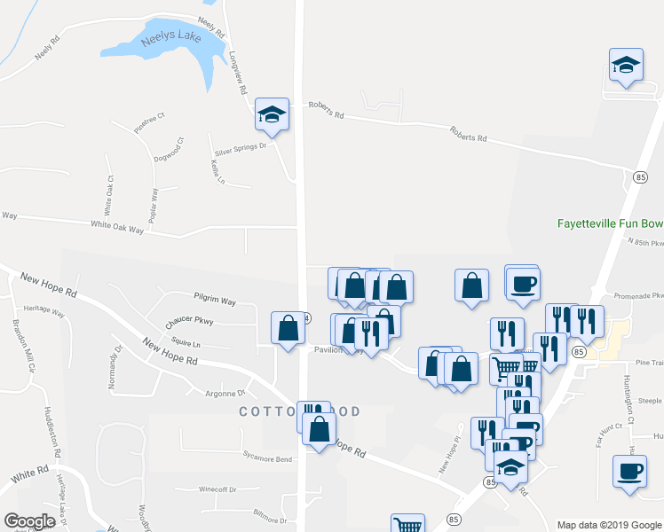 map of restaurants, bars, coffee shops, grocery stores, and more near 180 Oak Road in Fayetteville