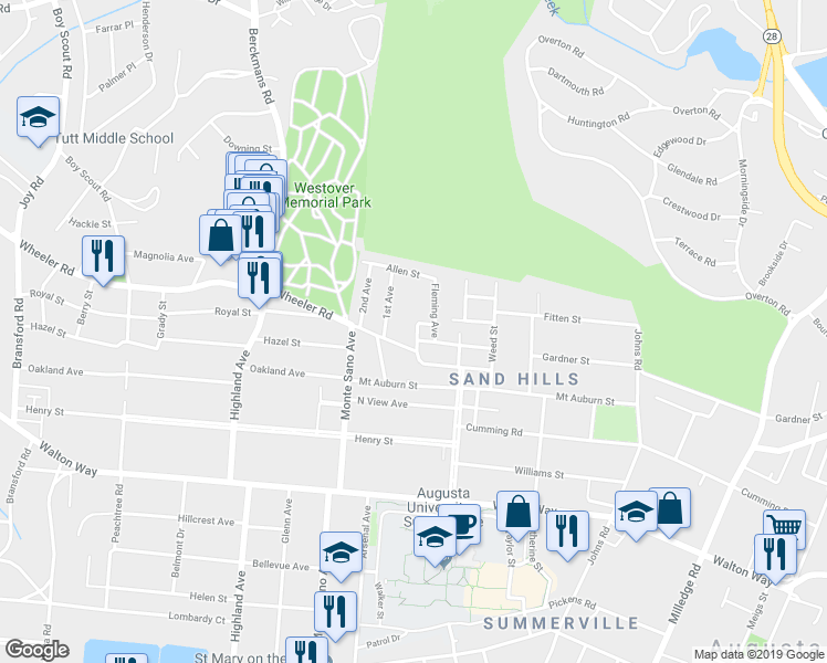 map of restaurants, bars, coffee shops, grocery stores, and more near 509 Langley Lane in Augusta