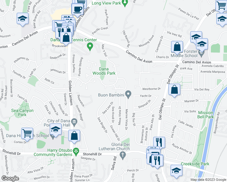 map of restaurants, bars, coffee shops, grocery stores, and more near 25112 Danalaurel in Dana Point