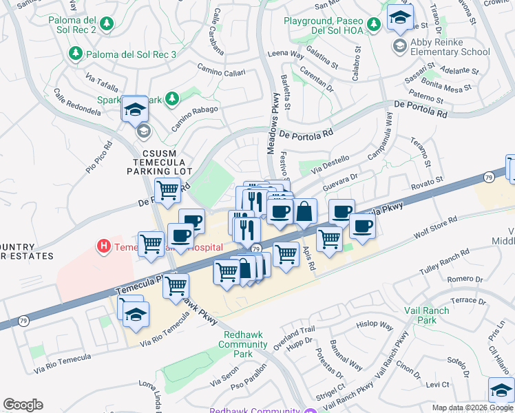 map of restaurants, bars, coffee shops, grocery stores, and more near 32180 Temecula Parkway in Temecula