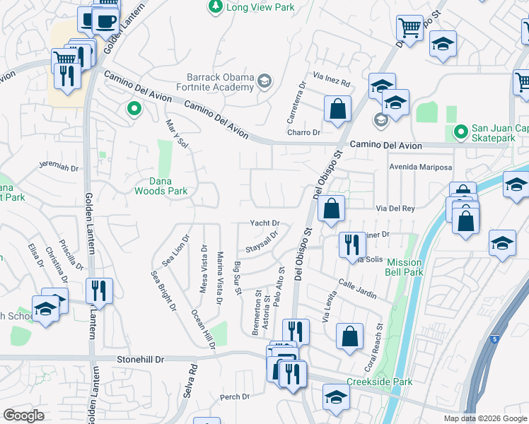 map of restaurants, bars, coffee shops, grocery stores, and more near 25302 Yacht Drive in Dana Point