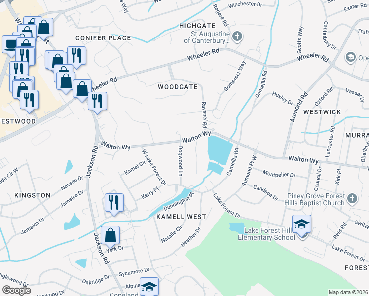 map of restaurants, bars, coffee shops, grocery stores, and more near 813 Dogwood Lane in Augusta