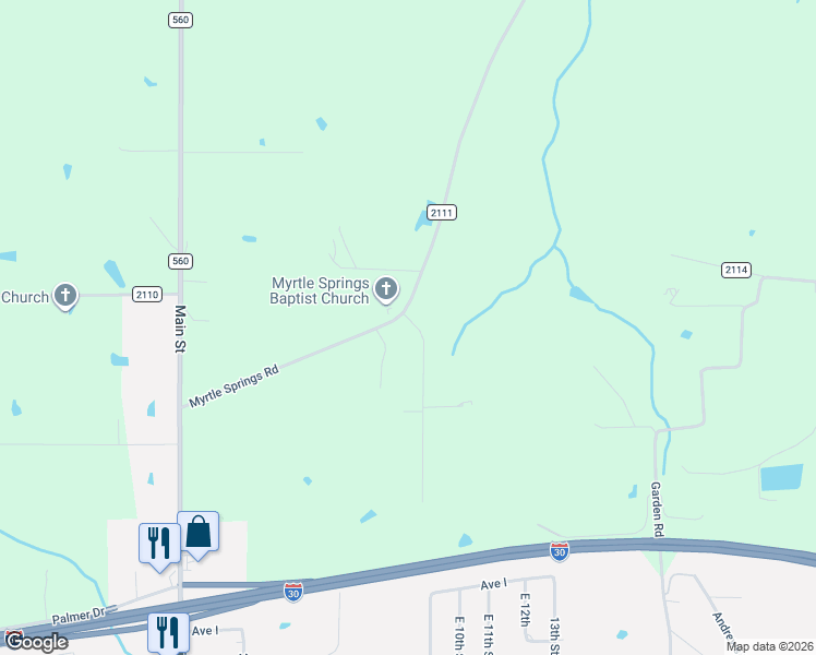 map of restaurants, bars, coffee shops, grocery stores, and more near County Road 2111 in Hooks