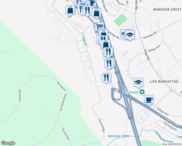 map of restaurants, bars, coffee shops, grocery stores, and more near 29575 Pujol Street in Temecula