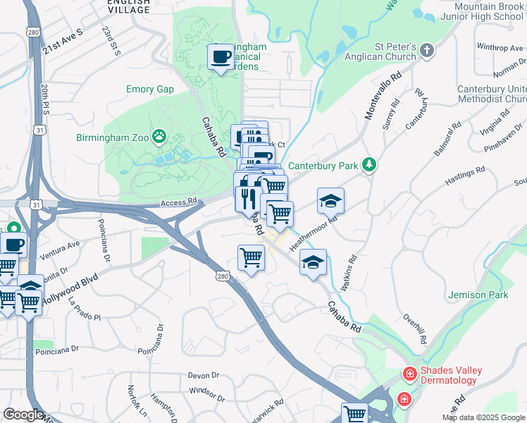 map of restaurants, bars, coffee shops, grocery stores, and more near 2803 Cahaba Road in Mountain Brook