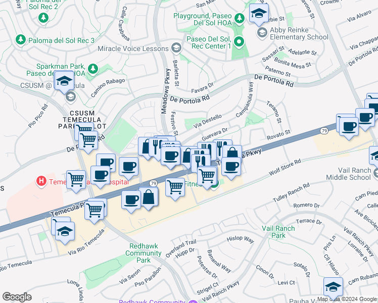 map of restaurants, bars, coffee shops, grocery stores, and more near 43136 Bellota Court in Temecula